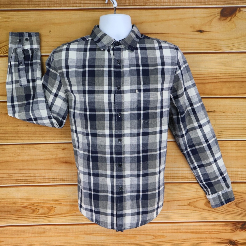 Goodfellow & Co. Shirt Casual Button Up Mens 16.5 Blue White Plaid Long Sleeve